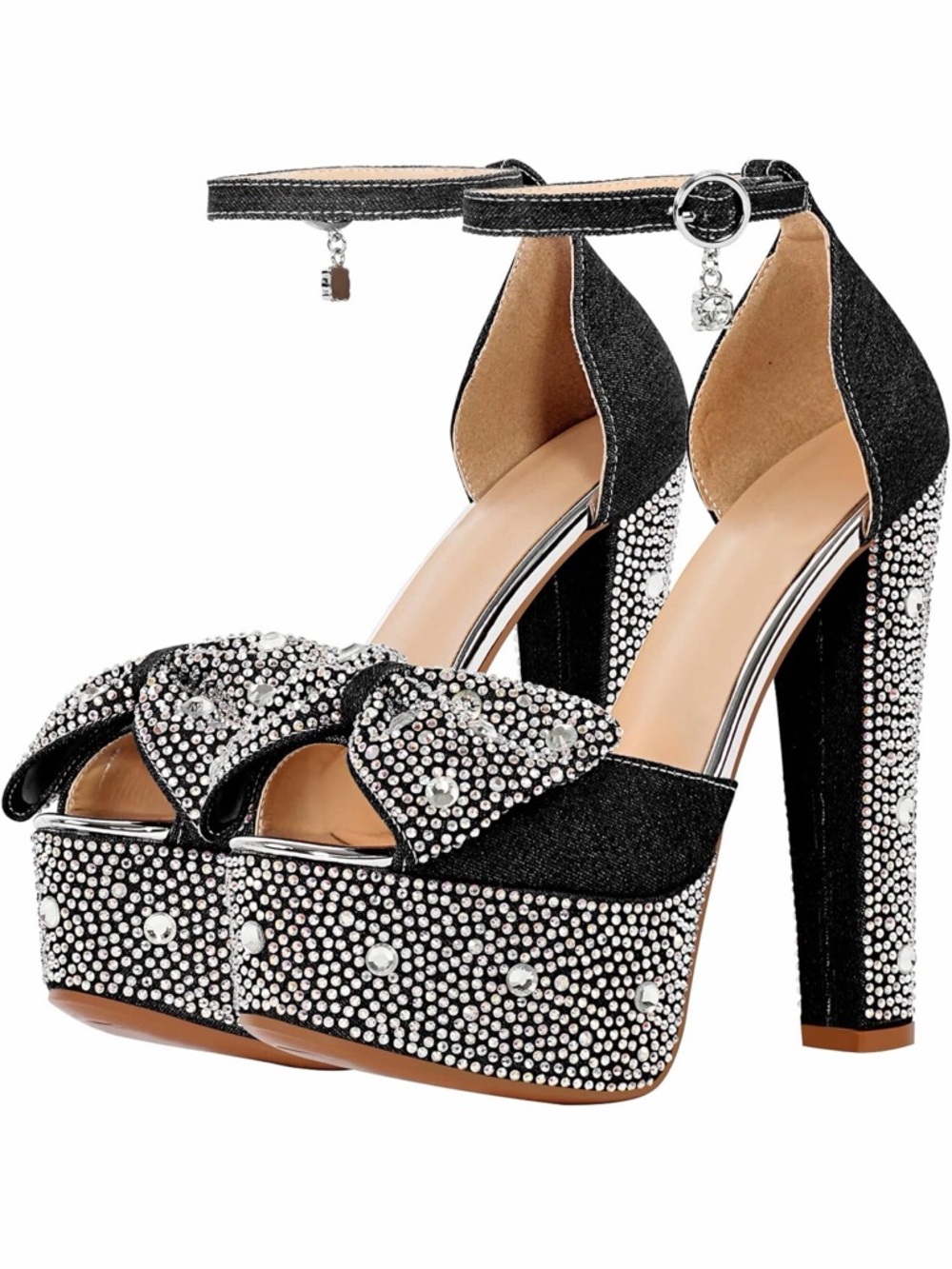 LISHAN Embellished Black Platform Ankle-Strap Heels with Bow